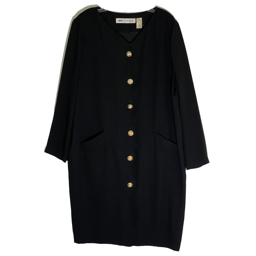 MS‎ Chaus Dress Womens 16 Black Button Front Long Sleeve Shift Pockets Workwear